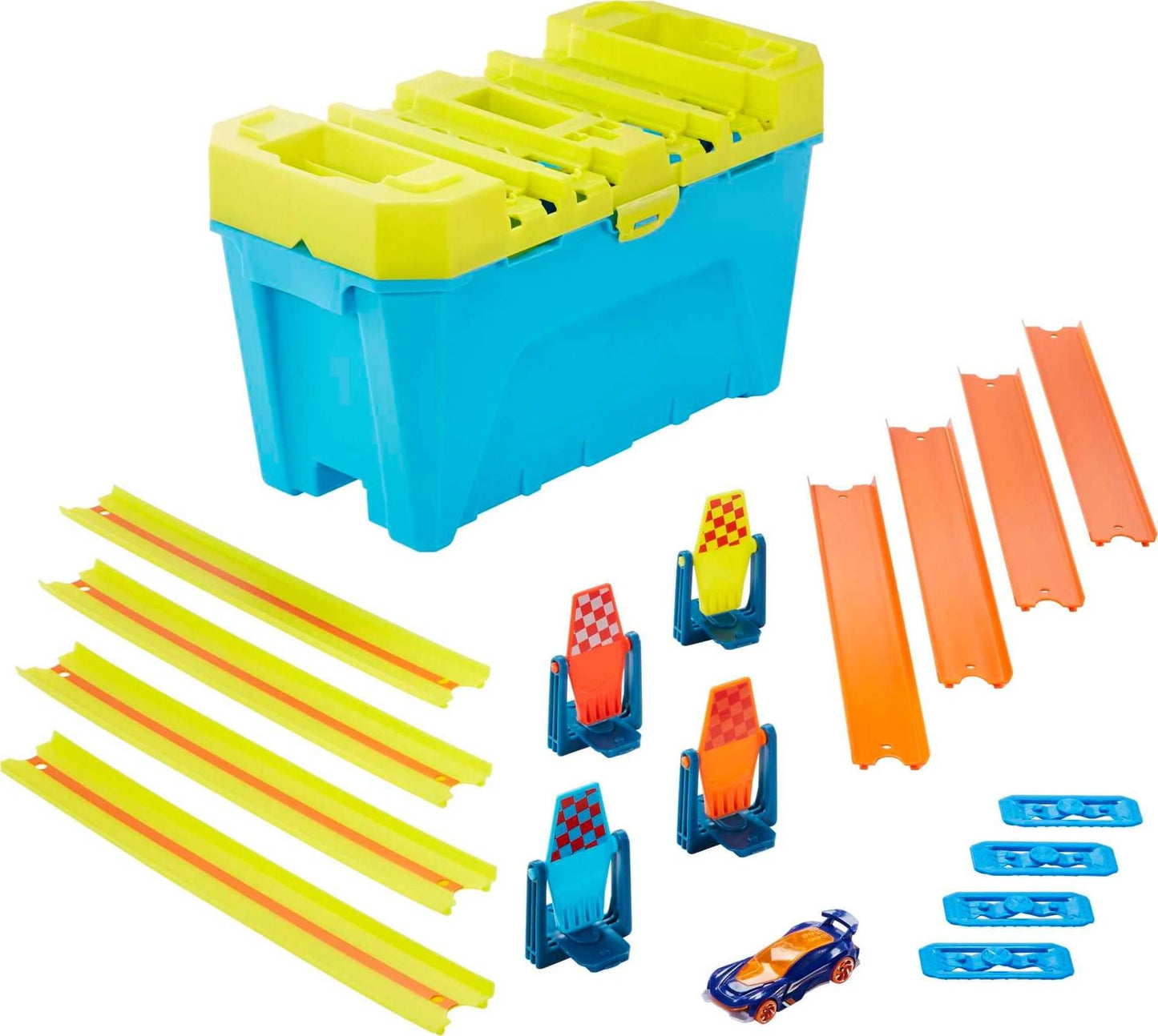 Hot Wheels Toy Car Track Builder Playset, Multi-Lane Speed Box, 18 Component Parts with Storage & 2 1:64 Scale Vehicles