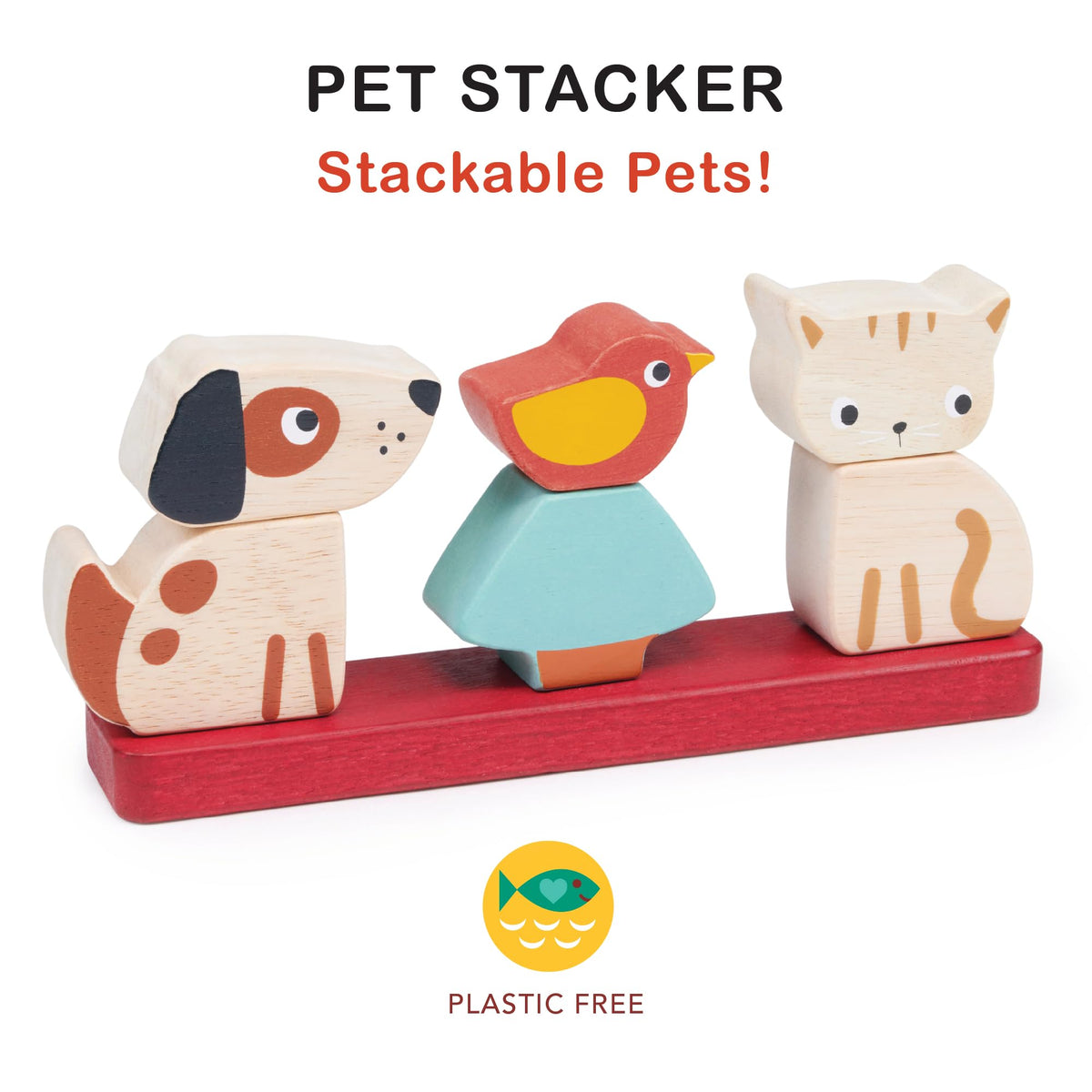 Mentari Interactive Pet Stacker Toy, 6-Piece Set, Kitten, Puppy, Bird, Base Board with Pegs