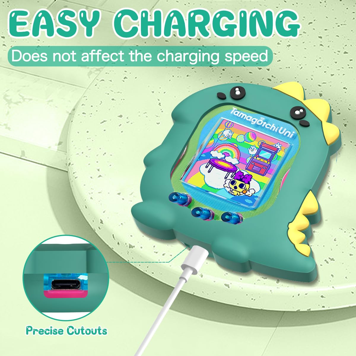 BEARDDO Silicone Case Compatible with Tamagotchi Uni Case, Cute Cartoon Green Dinosaur Virtual Pet Game Machine Protector Cover for Tamagotchi Uni