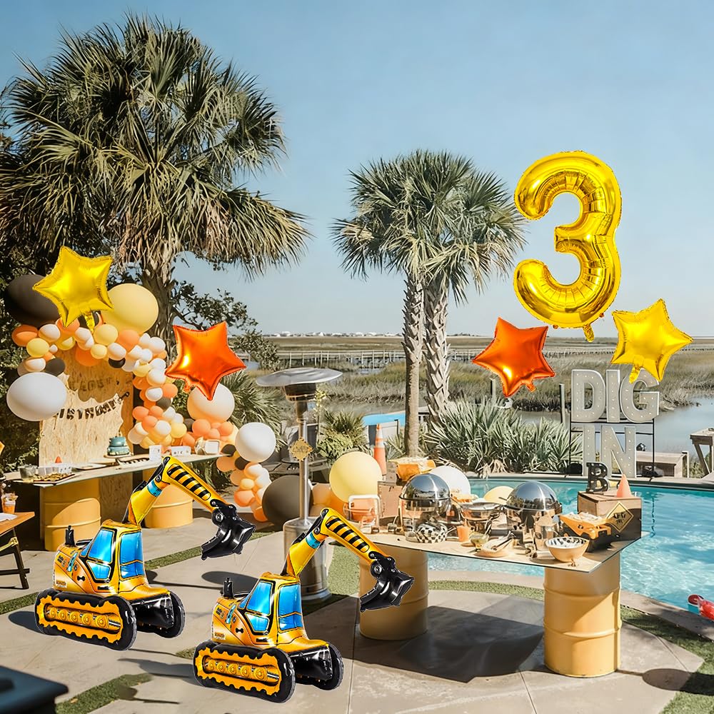 Construction Balloons, Self Standing 4D Excavator Balloon, Golden and Orange Star Balloon, Number 3 Foil Balloons for Kids 3rd Birthday Party