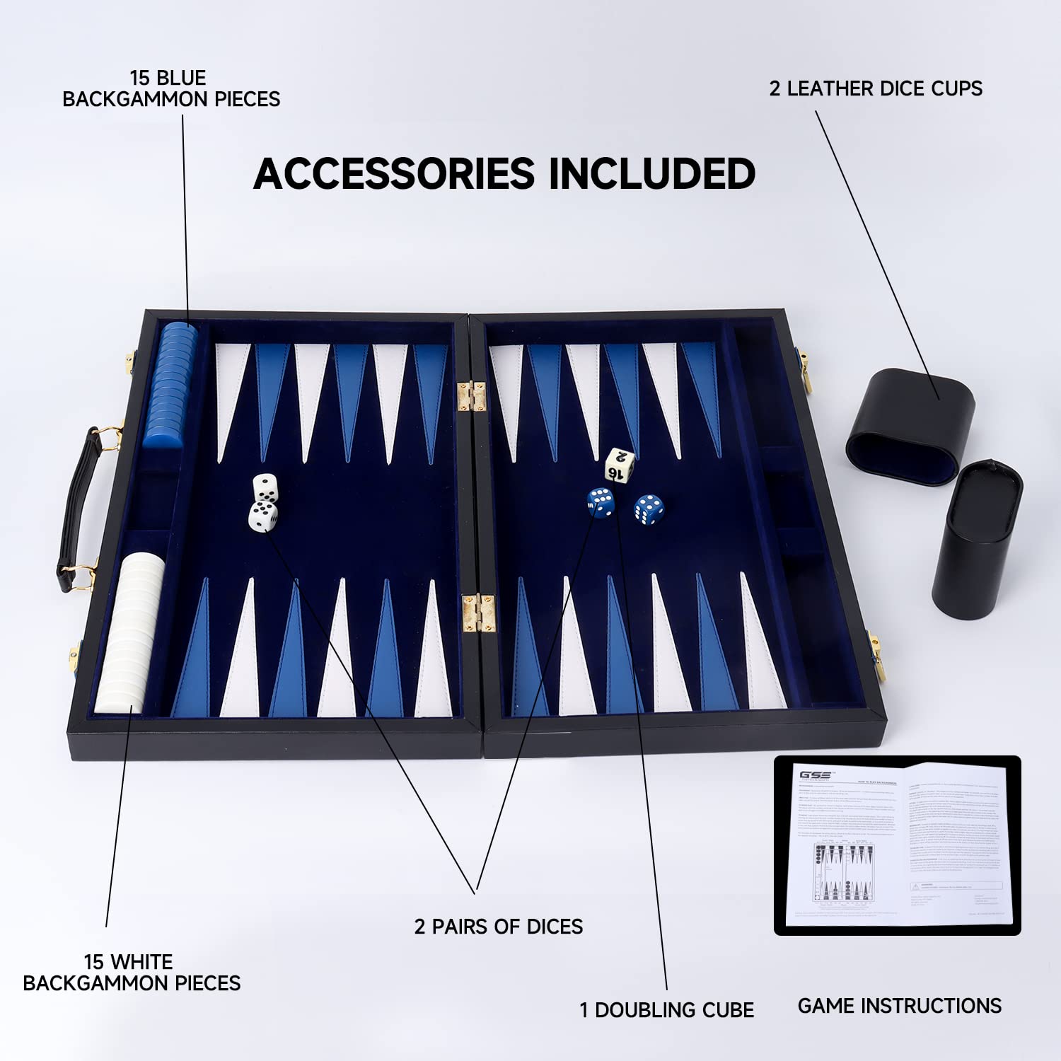 GSE Premium Leather Backgammon Board Game Set, Black&Blue, Medium