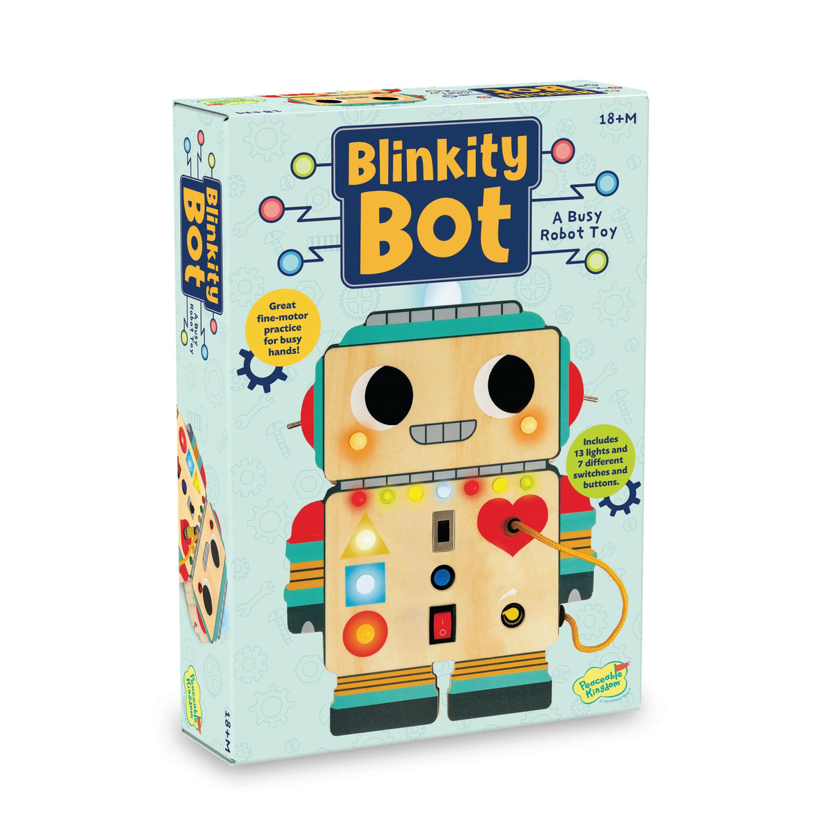 Peaceable Kingdom Blinkity Bot Light Up Busy Board for Toddlers Montessori Wooden Toy