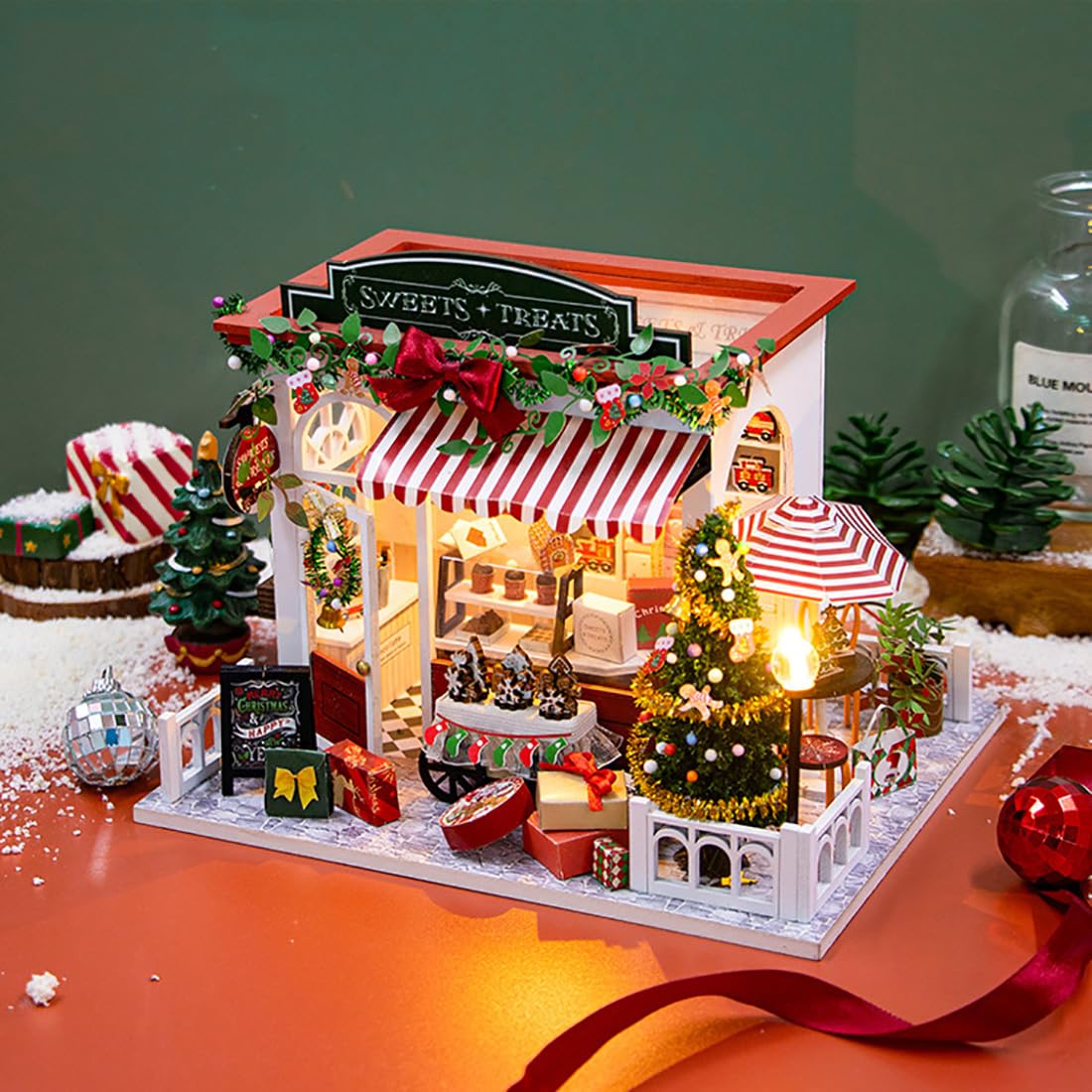 Miniature House Kit for Adult and Teens, Christmas Candy House Building Kit for Family and Friends, Mini Wooden Dollhouse Kit for Halloween Christmas