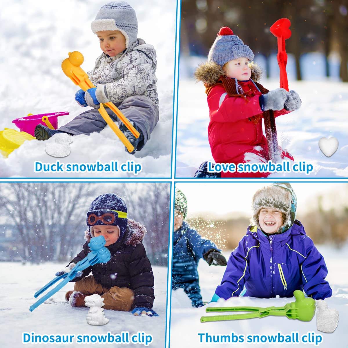 Holady 4PCS Large Size Snowball Maker Clip,Snowball Maker Tool with Handle for Snow Ball Fights, Snow Toys Kids Winter Outdoor Toys（Dinosaur, Love