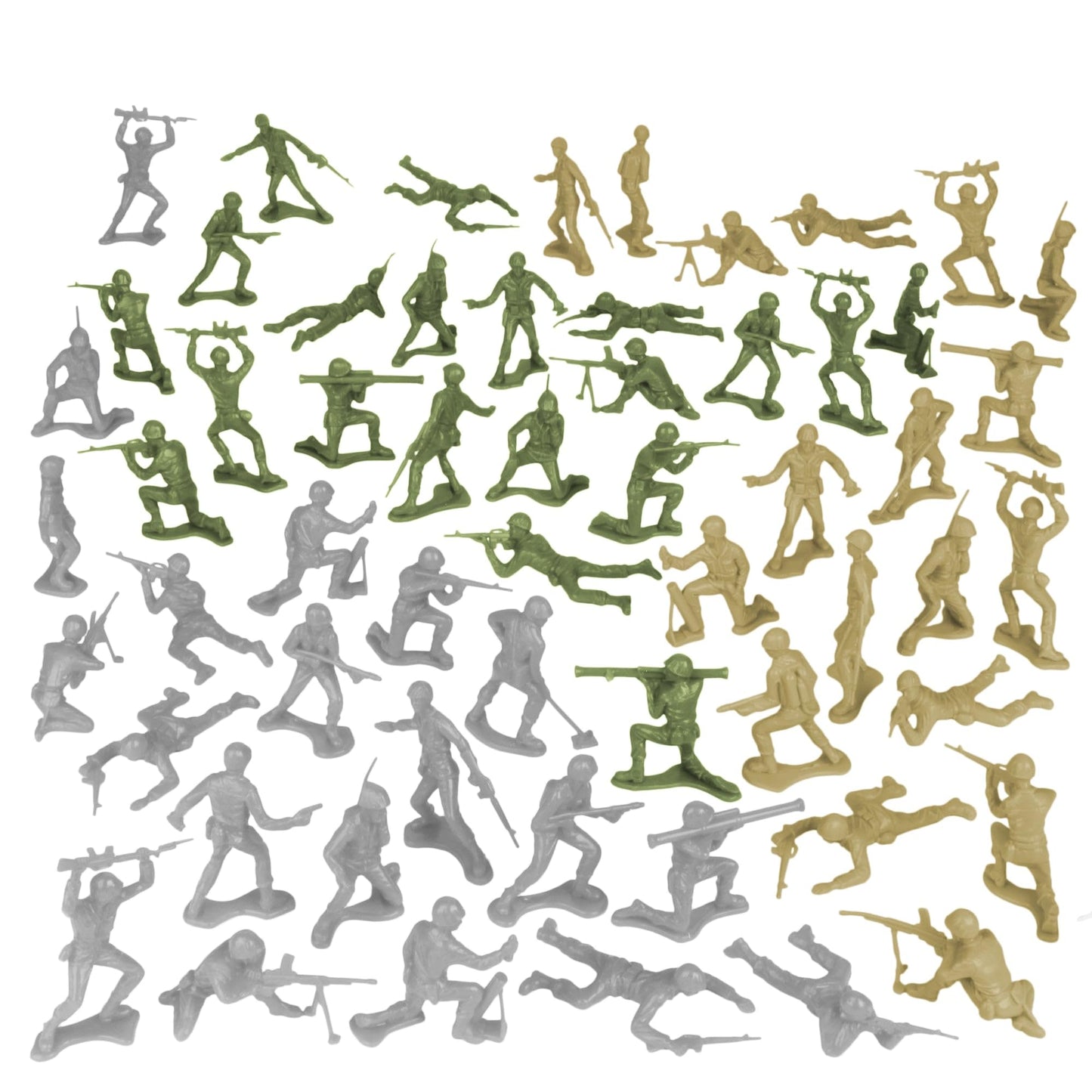 TimMee Plastic Army Men OD Green, Tan & Gray 72pc Soldier Figures - Made in USA