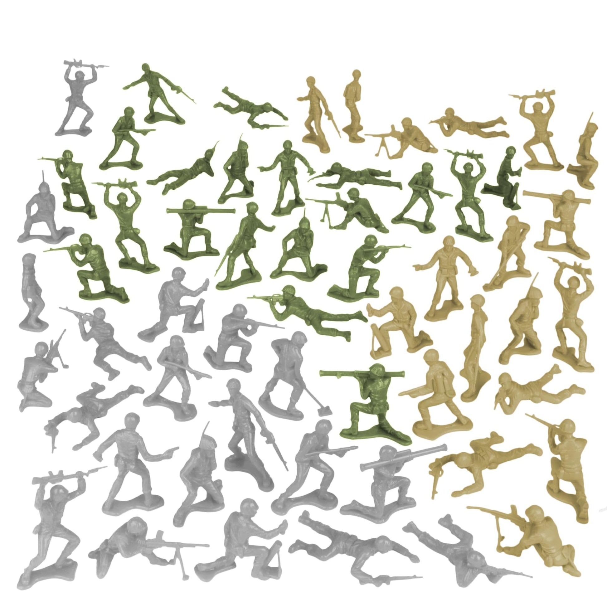 TimMee Plastic Army Men OD Green, Tan & Gray 72pc Soldier Figures - Made in USA