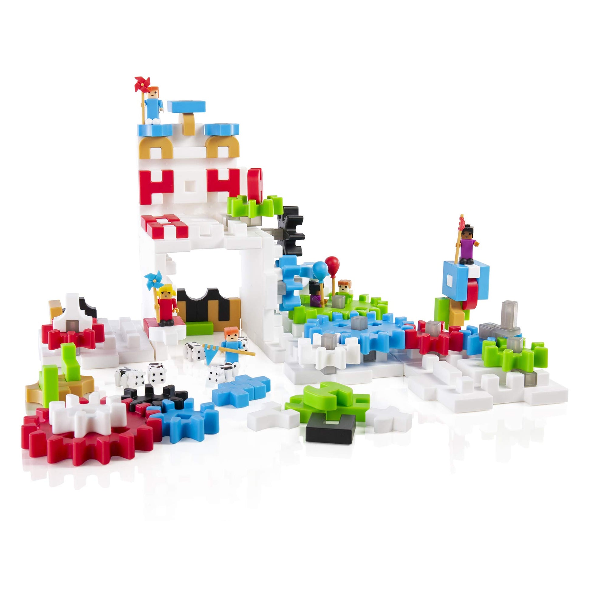 Guidecraft IO Blocks Tabletop System - 118 Pieces, Gears, Axles, IO People & Cows, Kids Interlocking Learning Toys