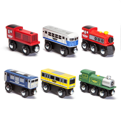 Maxim Enterprise 6-Piece Wooden Train Car Set - Classic Rolling Locomotive/Train Engines Compatible with Thomas Wooden Railway, Brio & Other Major