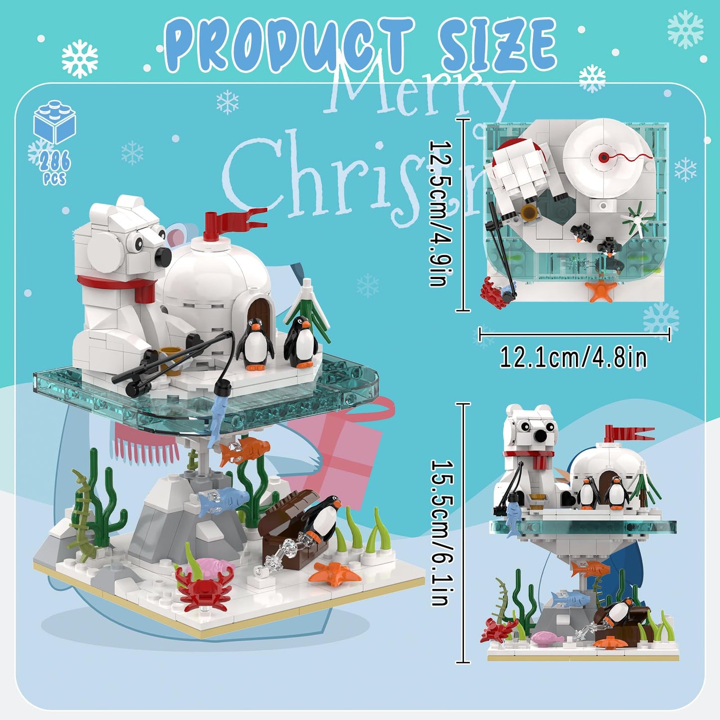 aphpaio Christmas Polar Bear and Penguin Building Set, Sea Animals Building Kit Winter Village, Includes Igloo Fish Crab Sea Animals, Brithday Gift