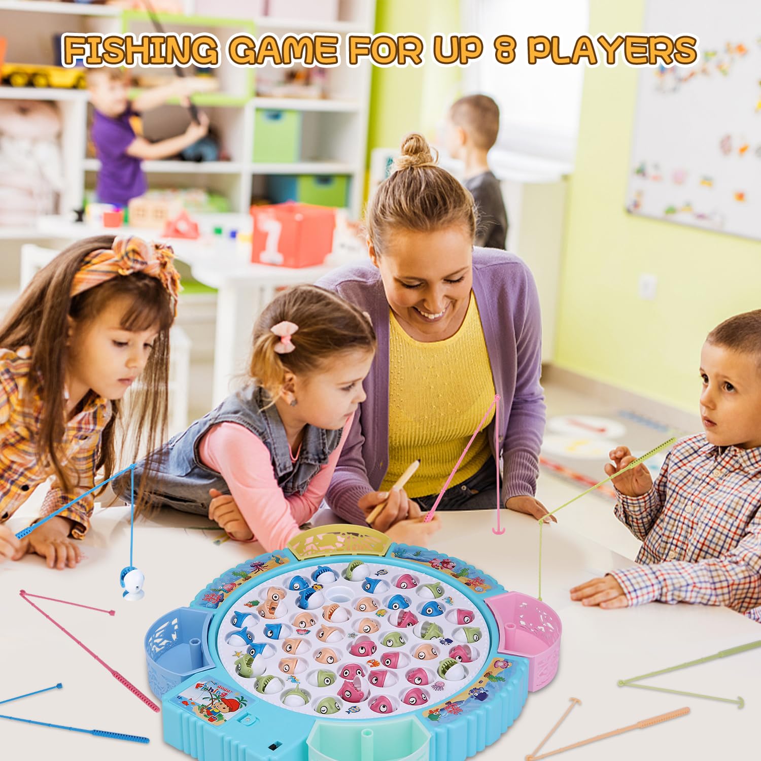 Pakoo Magnetic Fishing Game Toys, Rotating Board Game with Music Including 45 Fishes and 8 Fishing Poles, Christmas Party Game Toys for Kids Age 3 4 5