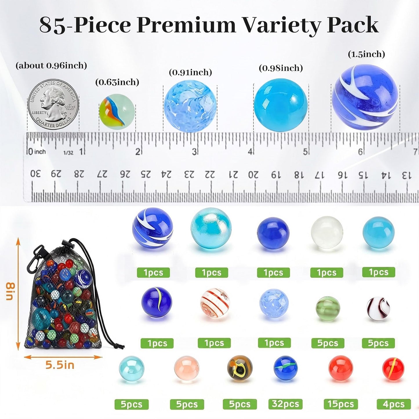 SallyFashion 85 PCS Mables Bulk, Assorted Size Glass Marbles