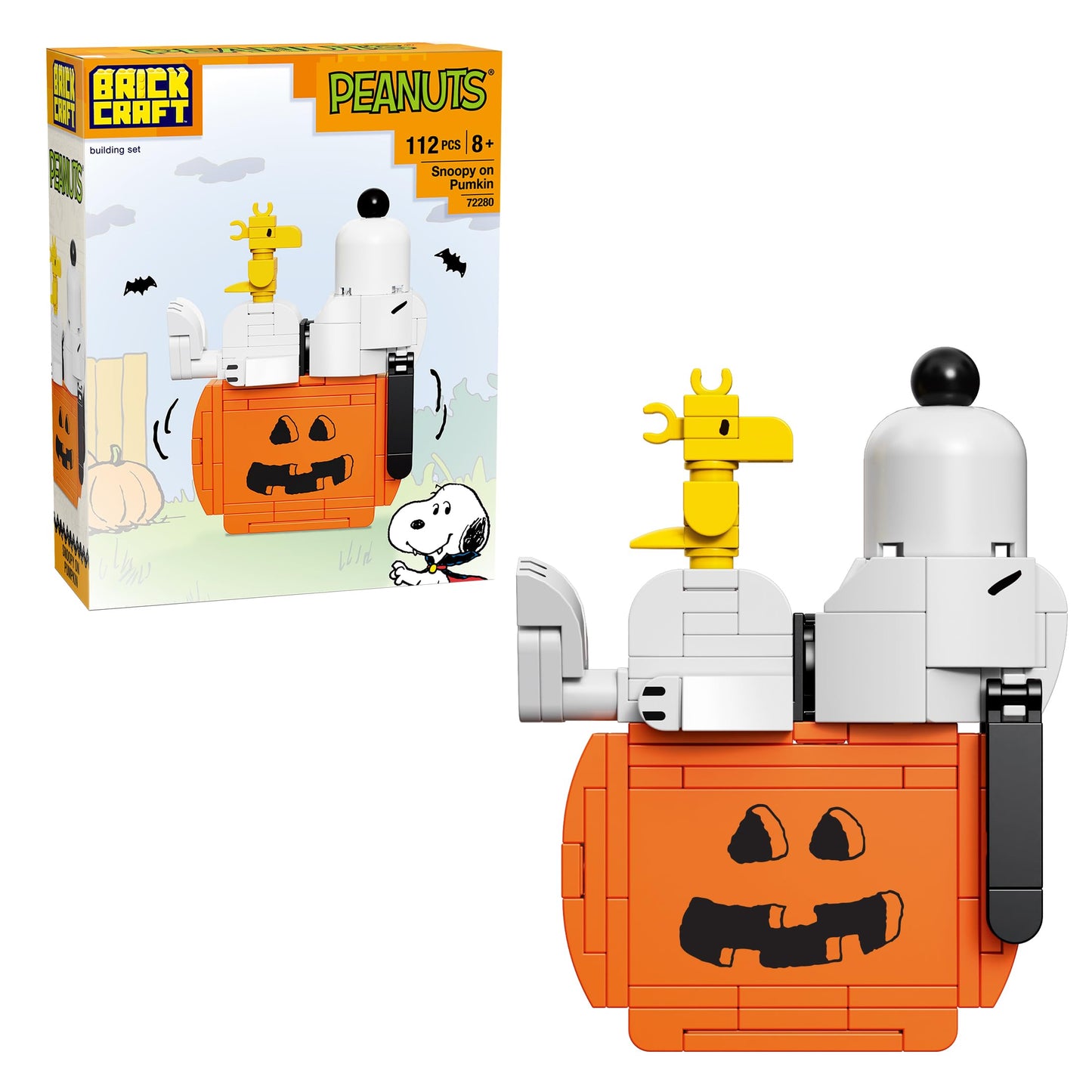 Brickcraft Peanuts Snoopy on Pumpkin Brick Building Set, 112 Pieces | DIY Halloween & Fall Block Kit Thanksgiving Jack-O’-Lantern Display, Collectible