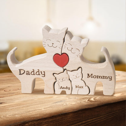 Personalized Bear Family Wooden Art Puzzle, Wooden Bear Jigsaw Puzzle with Heart, Customized Gift for Mom Dad Home Decoration (Popular Cat Gift)