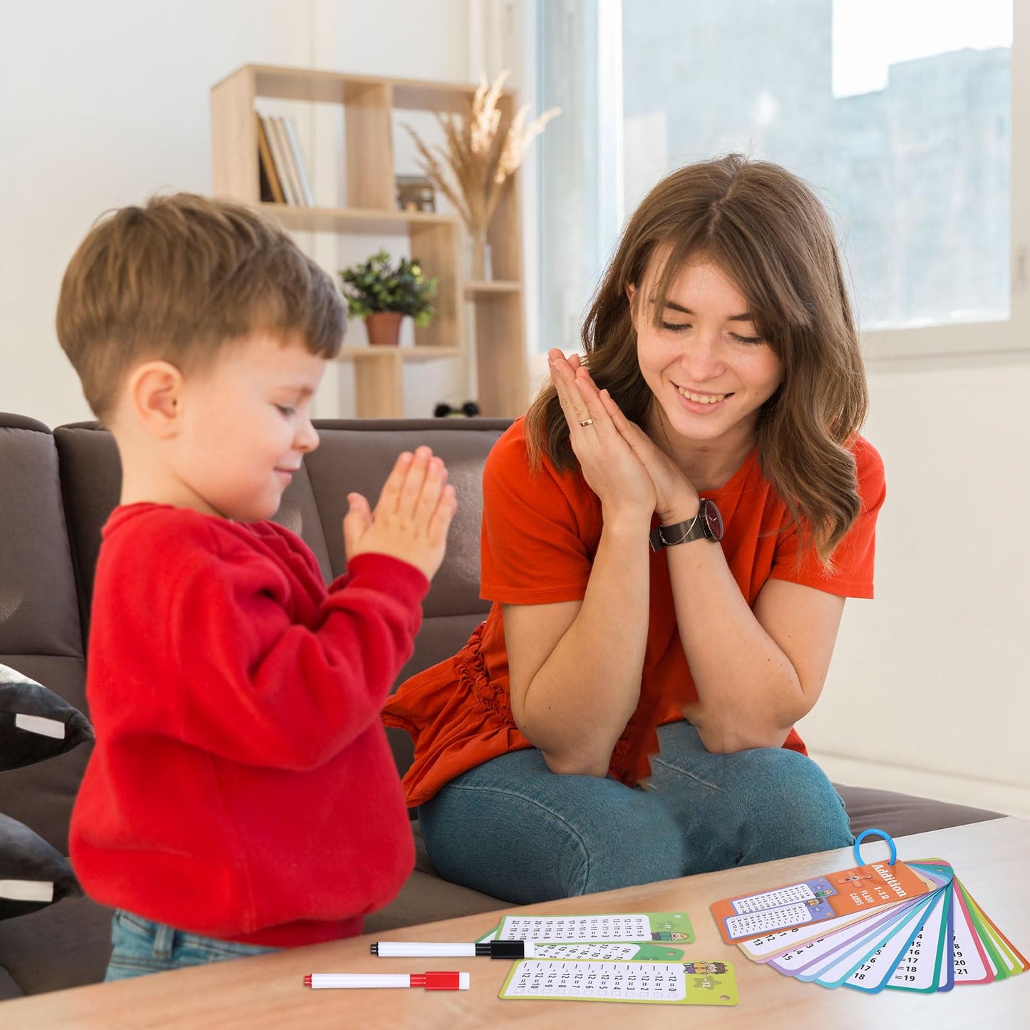 30PCS Reusable Addition and Subtraction Flash Cards with 4 Dry Erase Pens 2 Rings,Math Flash Cards for 1st to 3rd Grades,Math Games for Classroom