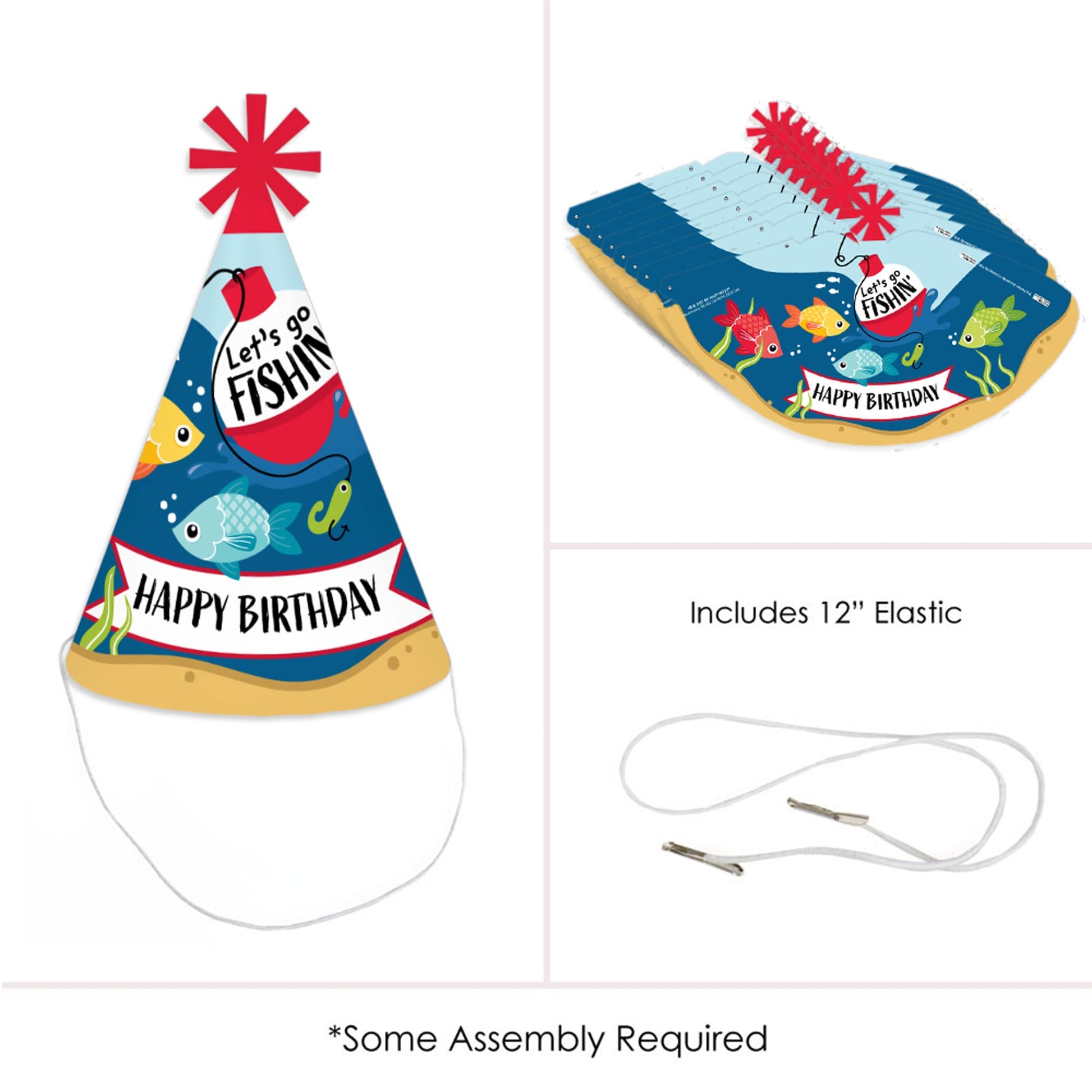 Big Dot of Happiness Let’s Go Fishing - Cone Happy Birthday Party Hats for Kids and Adults - Set of 8 (Standard Size)