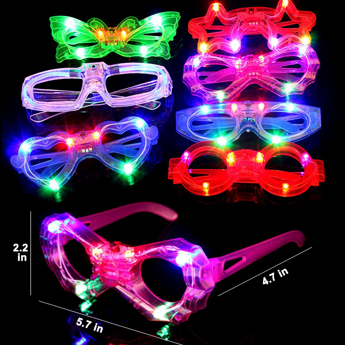 24 Packs LED Glasses for kids Glow in the dark Party Supplies ,6 LED 6 Shapes Light up Party Glasses Flashing Glow Party Favor Toys Bulk for Kids