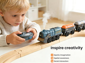 Remote Control Steam Train for Wooden Tracks - RC Train Set with Realistic Smoke, Lights & Sound, Motorized Toy Train Compatible with Thomas