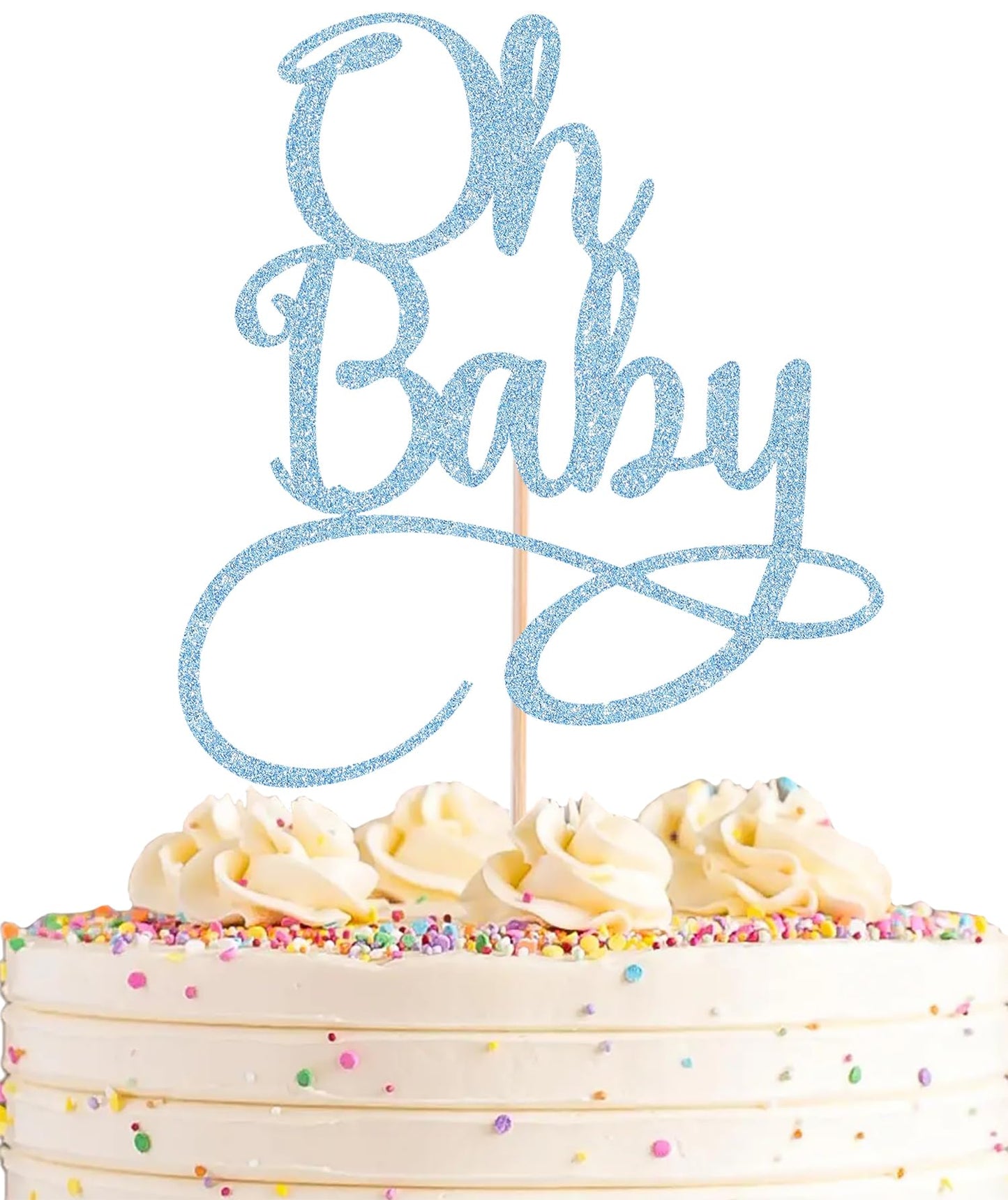 AHAORAY Oh Baby Cake Topper - Light Blue Glitter Baby Birthday Party Cake Decoration Supplies, for Baby Shower/Gender Reveal Party Photo Booth Props