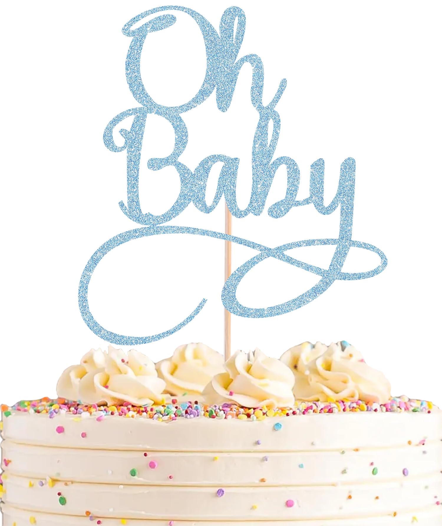 AHAORAY Oh Baby Cake Topper - Light Blue Glitter Baby Birthday Party Cake Decoration Supplies, for Baby Shower/Gender Reveal Party Photo Booth Props