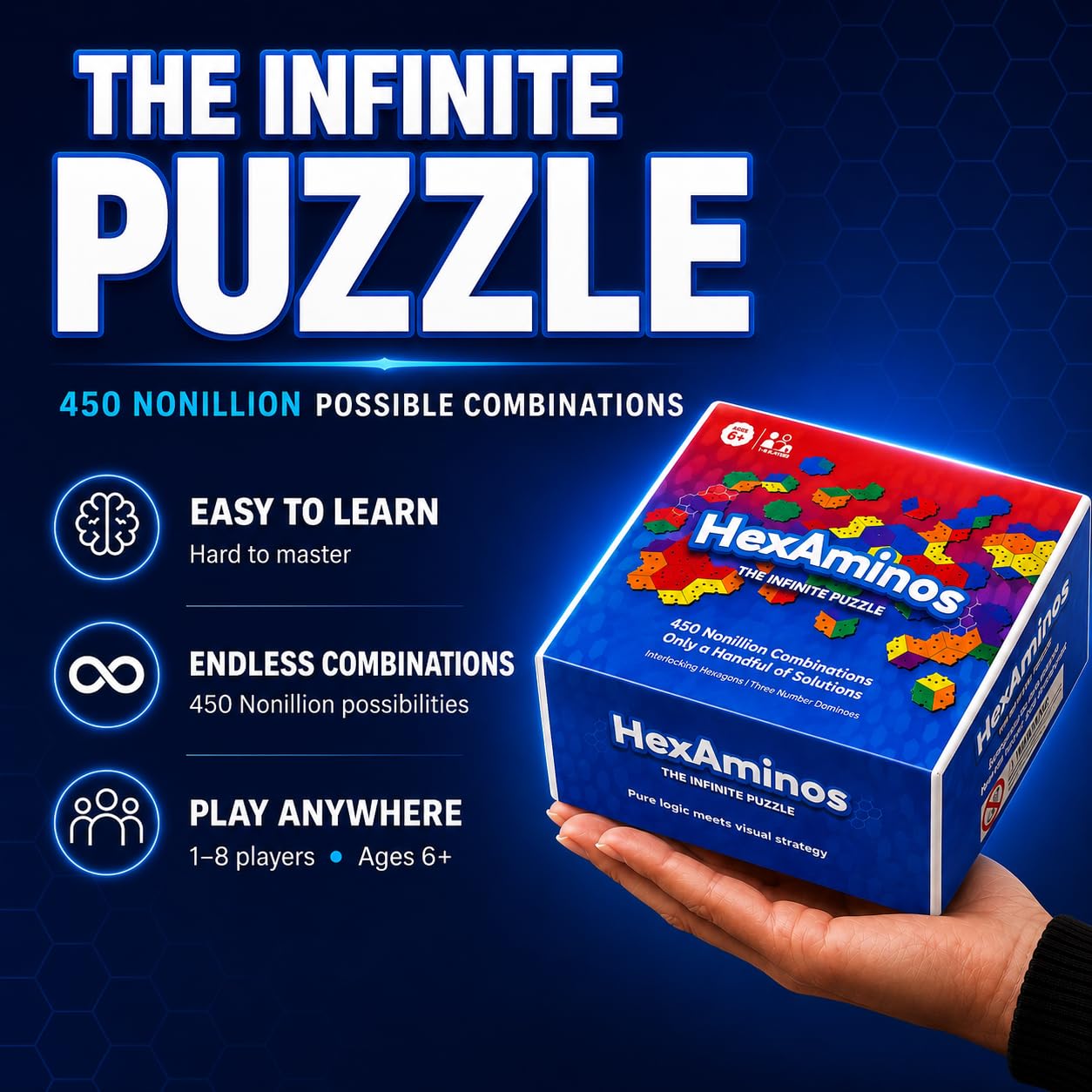 The Infinite Puzzle: Strategy Board Game for Familiy, Teens & Adults. 56 Hexagon Tiles for Solo or 1-8 Players. Travel-Friendly STEM Logic Game, 450