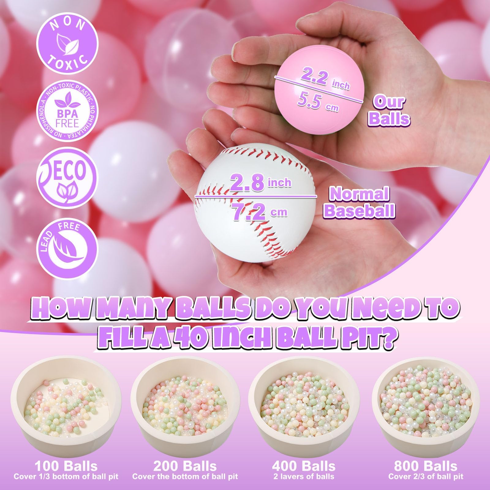 GOGOSO Ball Pit Balls for Toddler, Baby Plastic Playballs Kids Soft Pastel Pelotas Non-Toxic BPA-Free 2pink+White+Clear 100 Balls