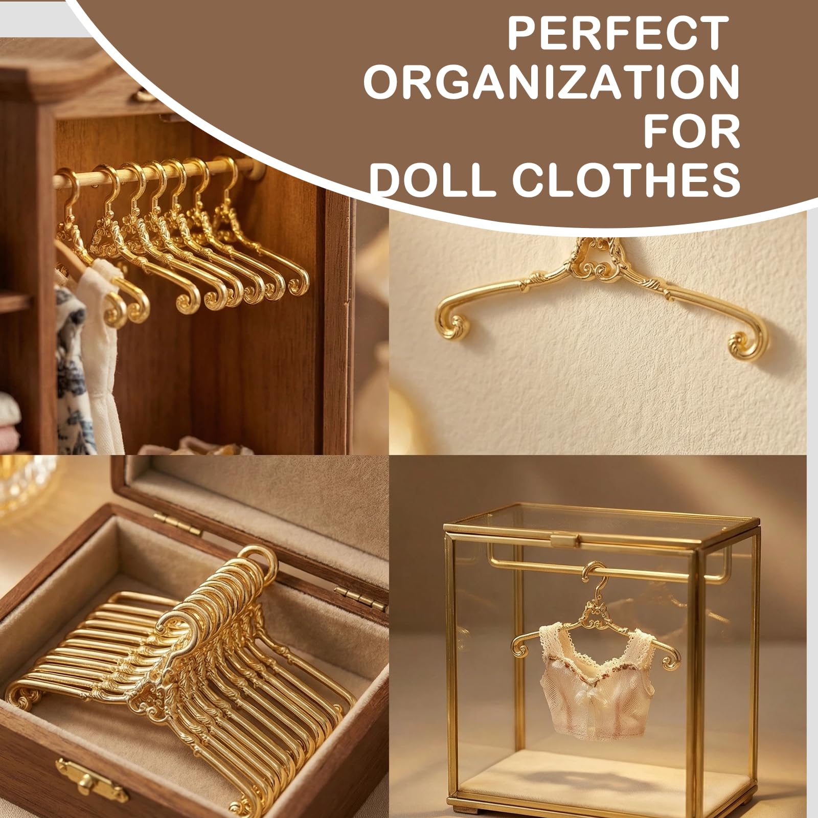 10Pcs Mini Metal Hangers for Doll Clothes, 2.56" Tiny Hangers for Barbie, WellieWishers, Small Doll Wardrobe Organization, Display & Storage Rose Gold