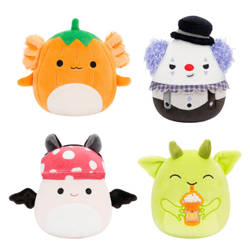 Squishmallows Original 5-Inch Halloween 4-Pack - Gabin Pumpkin Axolotl, Fitzy Goblin Holding Latte, Malcolm Bat Mushroom, Ms. K Purple Clown