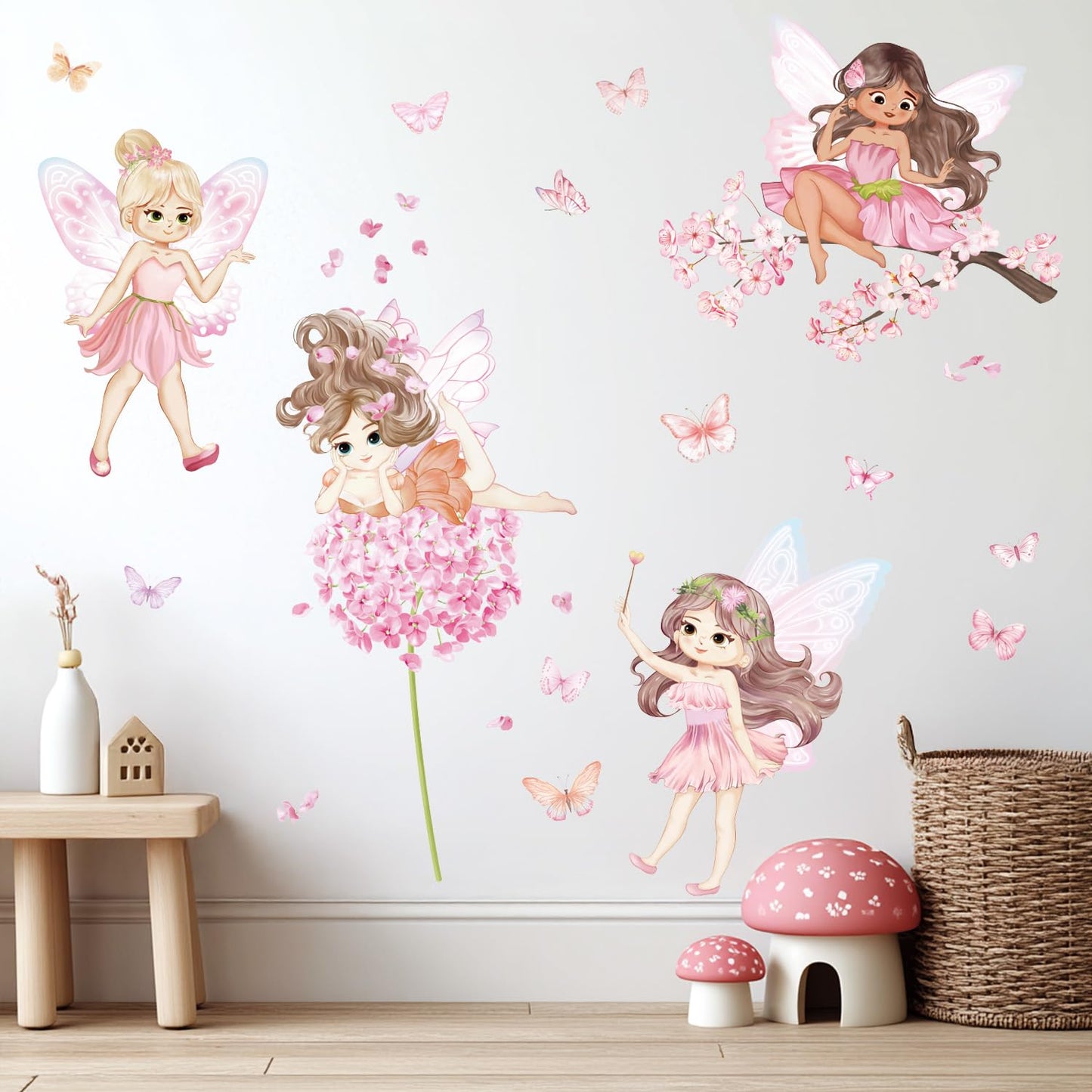 Fairy Wall Decals Pink Butterfly and Flower Wall Sticker for Girls Bedroom Baby Kids Room Perfect for Childrens Day Birthday Party Favors Wall Decor