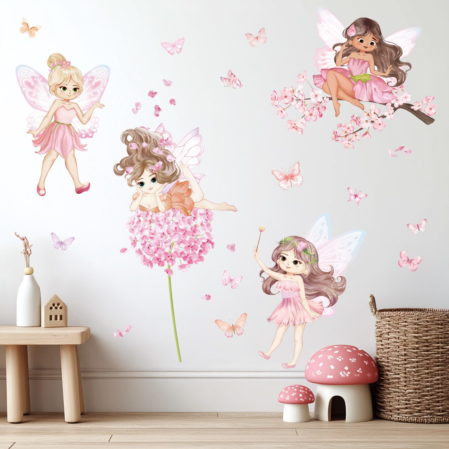 Fairy Wall Decals Pink Butterfly and Flower Wall Sticker for Girls Bedroom Baby Kids Room Perfect for Childrens Day Birthday Party Favors Wall Decor