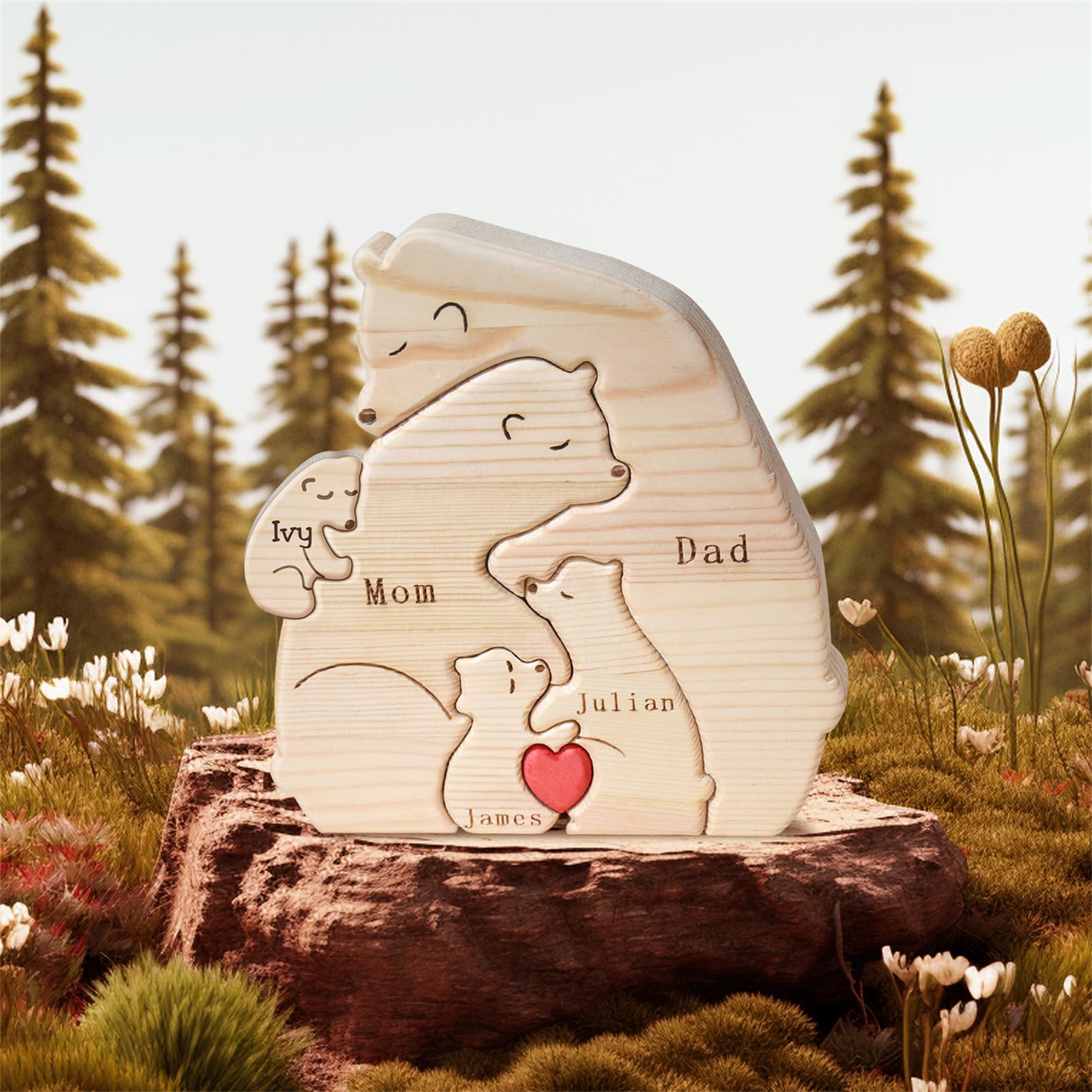 Personalized Family Name Puzzles with 2-8 Names Custom Wooden Bear Puzzle with Name Customized Wooden Puzzle Gifts for Christmas (Hug Bear)