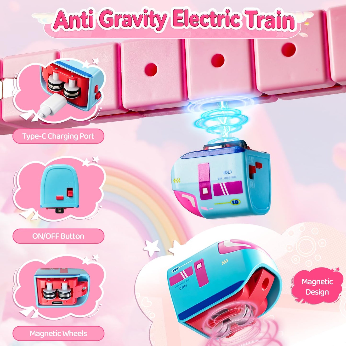 Lukxi Pink Electric Train Set for Girls, 170PCS Magnetic Train Track with Heart-Shaped Design, DIY Anti-Gravity 3D Race Track, STEM Educational Toy