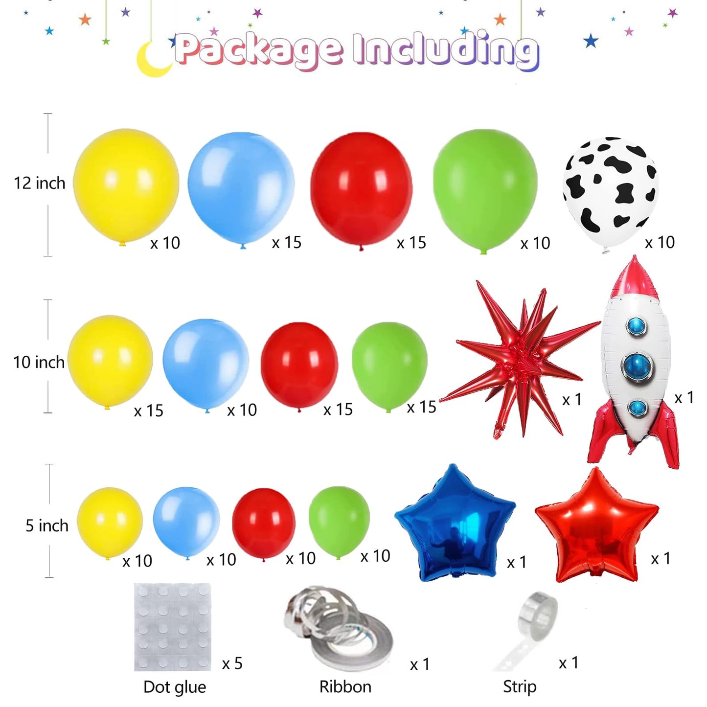 162Pcs Toy Inspired Story Balloon Garland Arch Kit Red Blue Yellow Green Balloon Cow Boy Star Rocket Exploding Star Balloons for Kids Toy Inspired