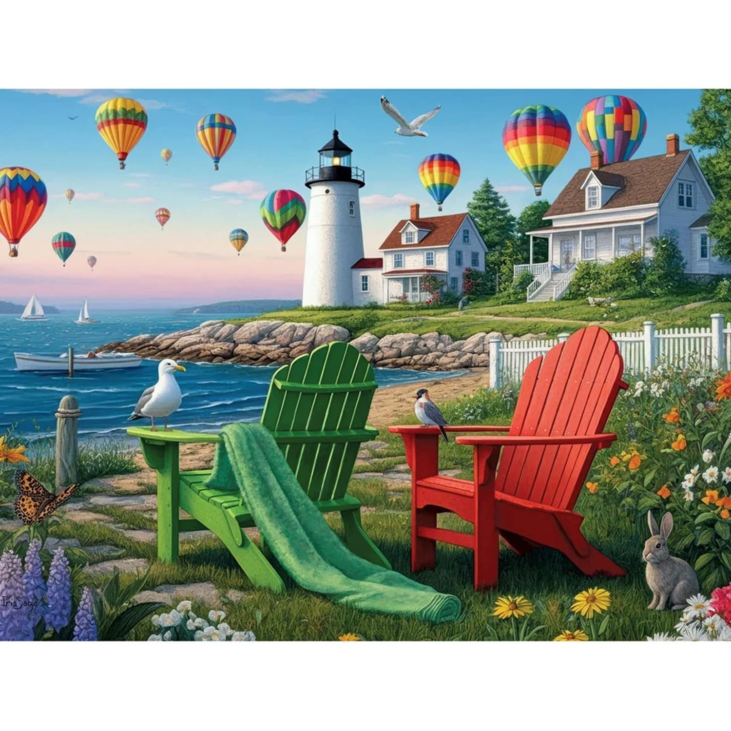 Bits and Pieces 300 Piece Puzzles for Adults - Whimsical Seaside - 300 Large Pieces 18" x 24" Jigsaw Puzzles, Hot Air Balloons Lighthouse Ocean Coast