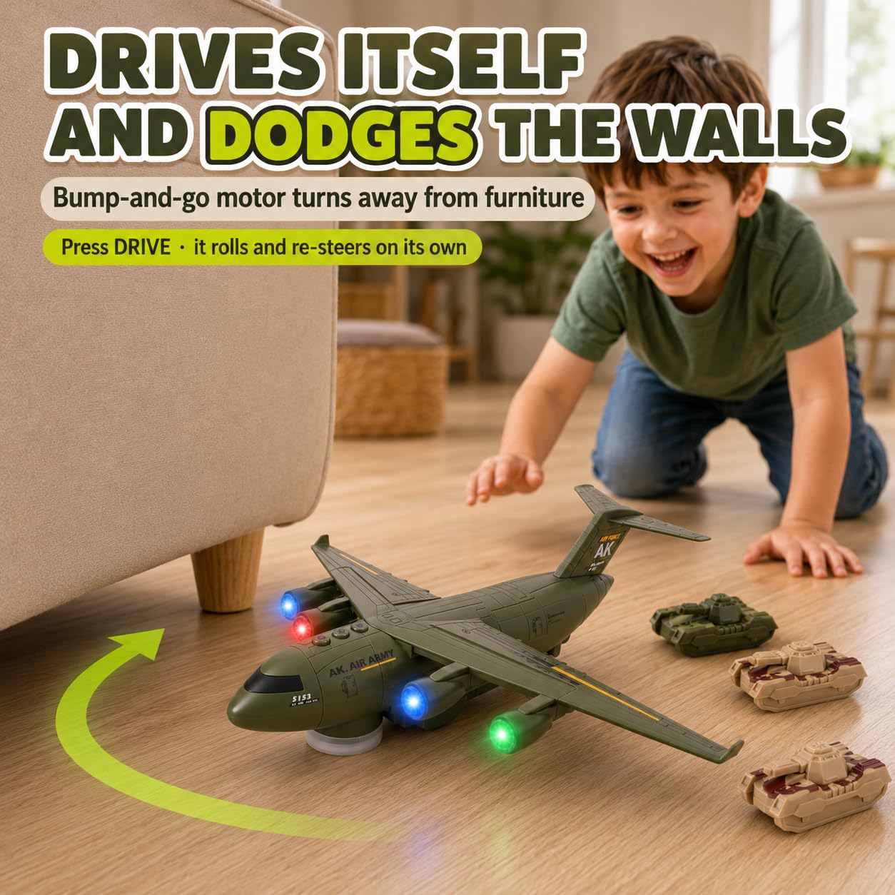 Military Transport Aircraft | Kids Airplane Toy with Light and Sound Effects | Cargo Plane Toy in Army Green | Army Toys for Boys | Military Toys