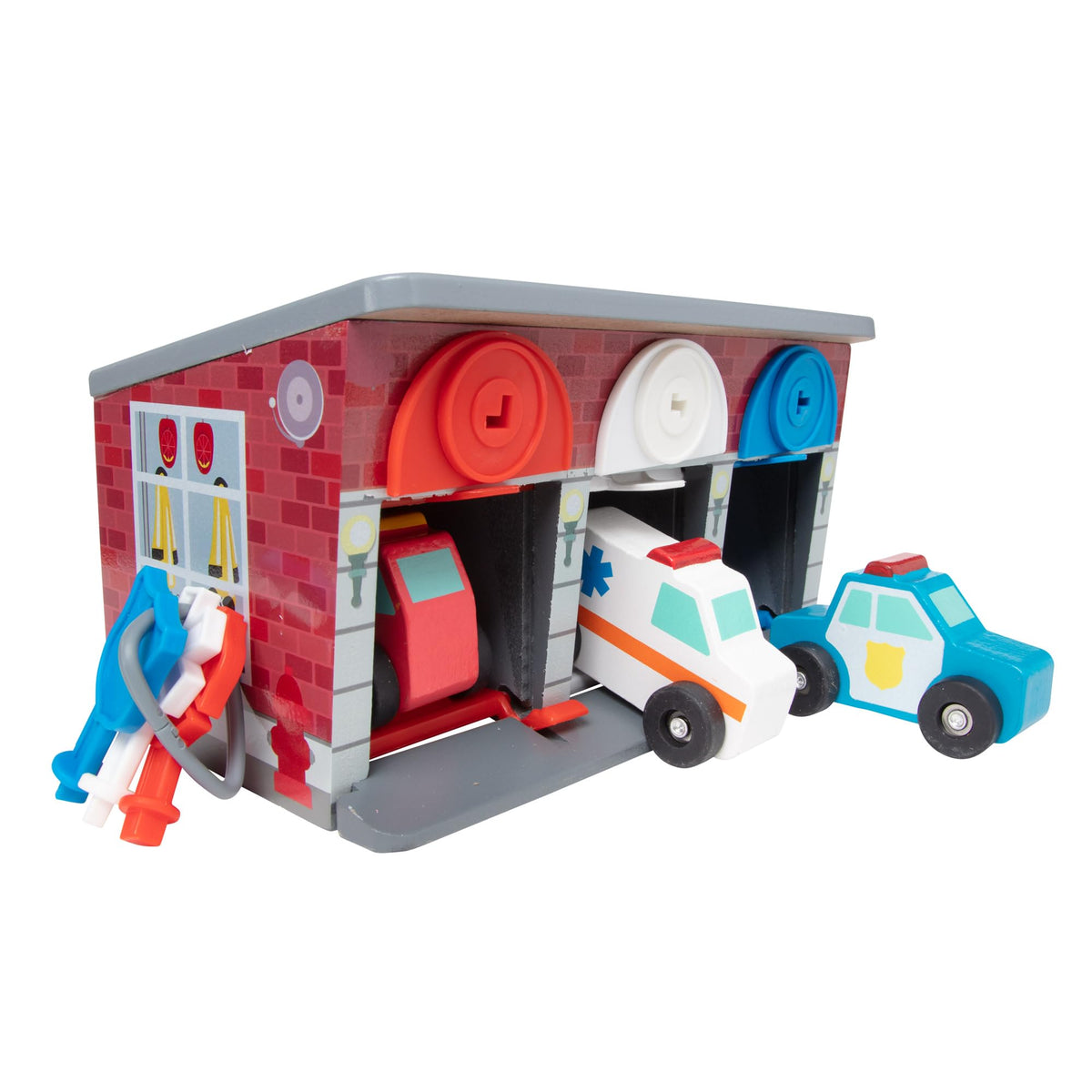 Melissa & Doug Keys and Cars Rescue Garage Wooden Toy Vehicles Set