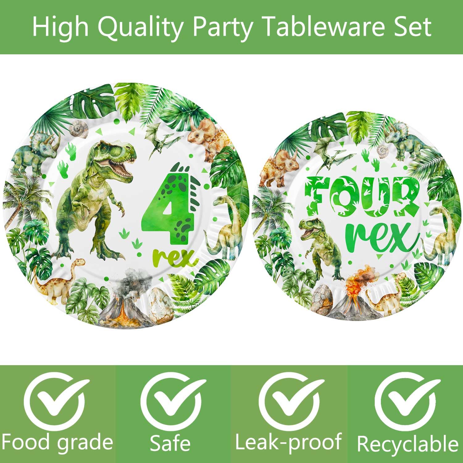 208 Pcs Dinosaur 4th Birthday Party Supplies, Green Dino Roar I'm Four Birthday Decorations, 20 Serves Include Plates, Cups, Napkins, Tablecloth, Cake