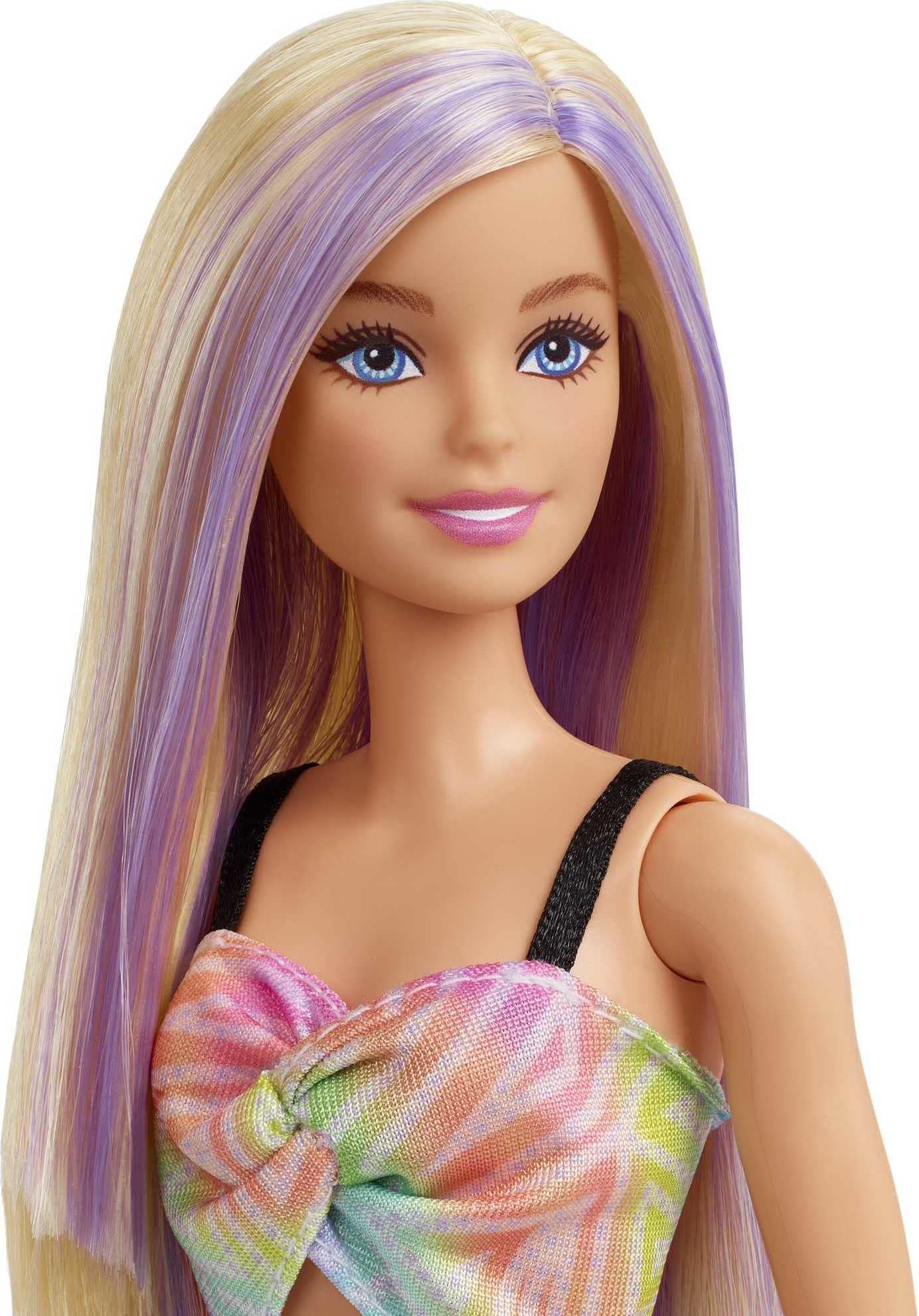 Barbie Fashionistas Doll #190 with Purple-Streaked Blonde Hair, Romper Dress, Yellow Wedge Sneakers & Bracelet Accessory