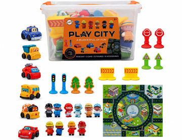 Playkidiz Kids Toy Car Set with Road Play Mat, 26 PCS Play City Set with 6 Toy Cars, 10 Figures & 10 Traffic Accessories, City Playset for Toddlers