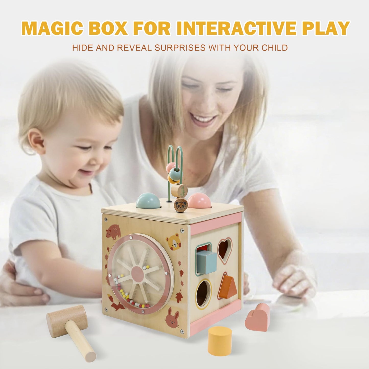 MILEFUN Wooden Activity Cube for 1 Year Old | 7-in-1,Montessori Baby Toys,Educational Toy for Toddlers, First Birthday Gift for Toddlers