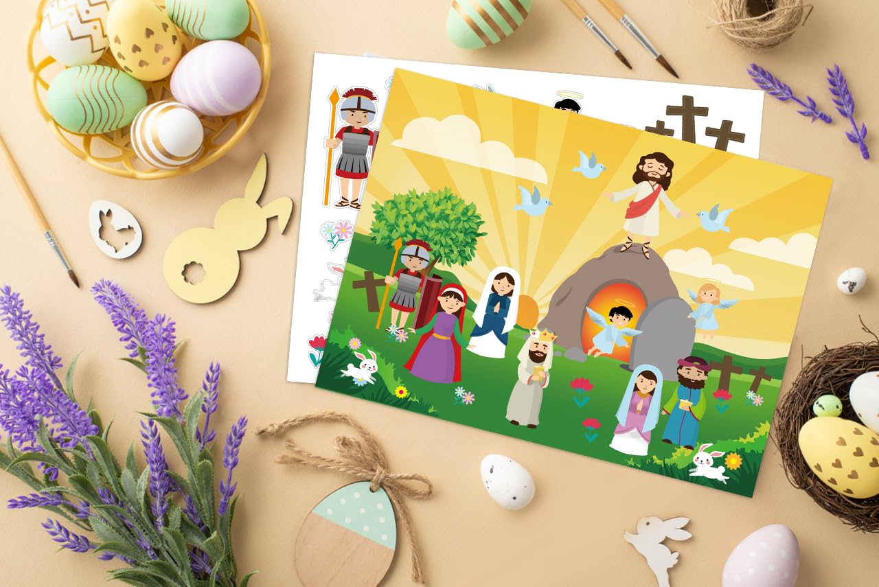 FaCraft Make an Easter He Lives Sticker Scenes-24 Easter Crafts for Kids Religious Gifts Jesus Resurrection Stickers for Classroom Party Games Spring