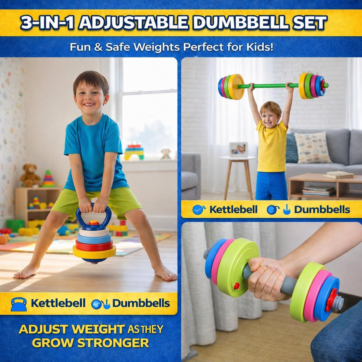 Kids Exercise Weight Set - 3-in-1 Adjustable Workout Toy Equipment for Children Pretend Play Exercise - Toddler Beginner Gym, Fitness, Weightlifting