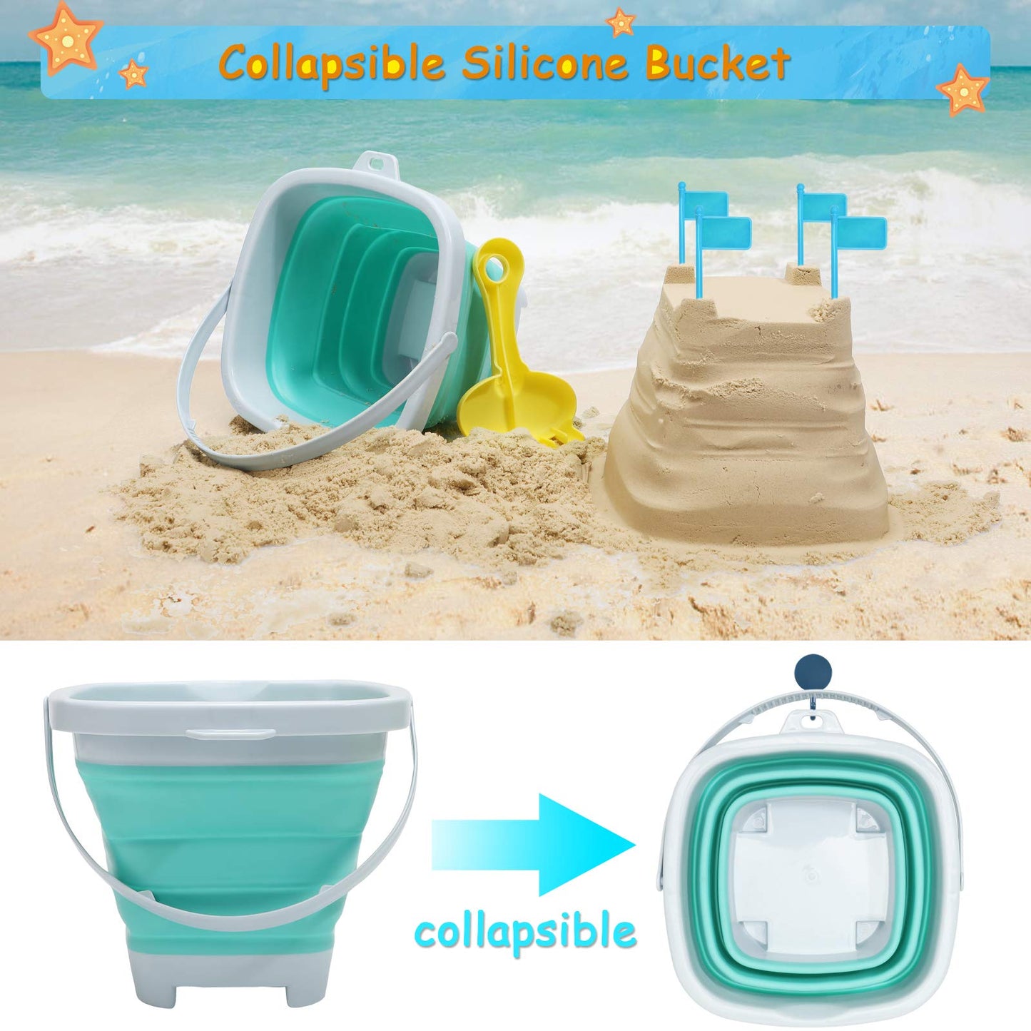 RACPNEL Beach Toys with Collapsible Bucket，Mesh Bag for Kids Ages 3-12