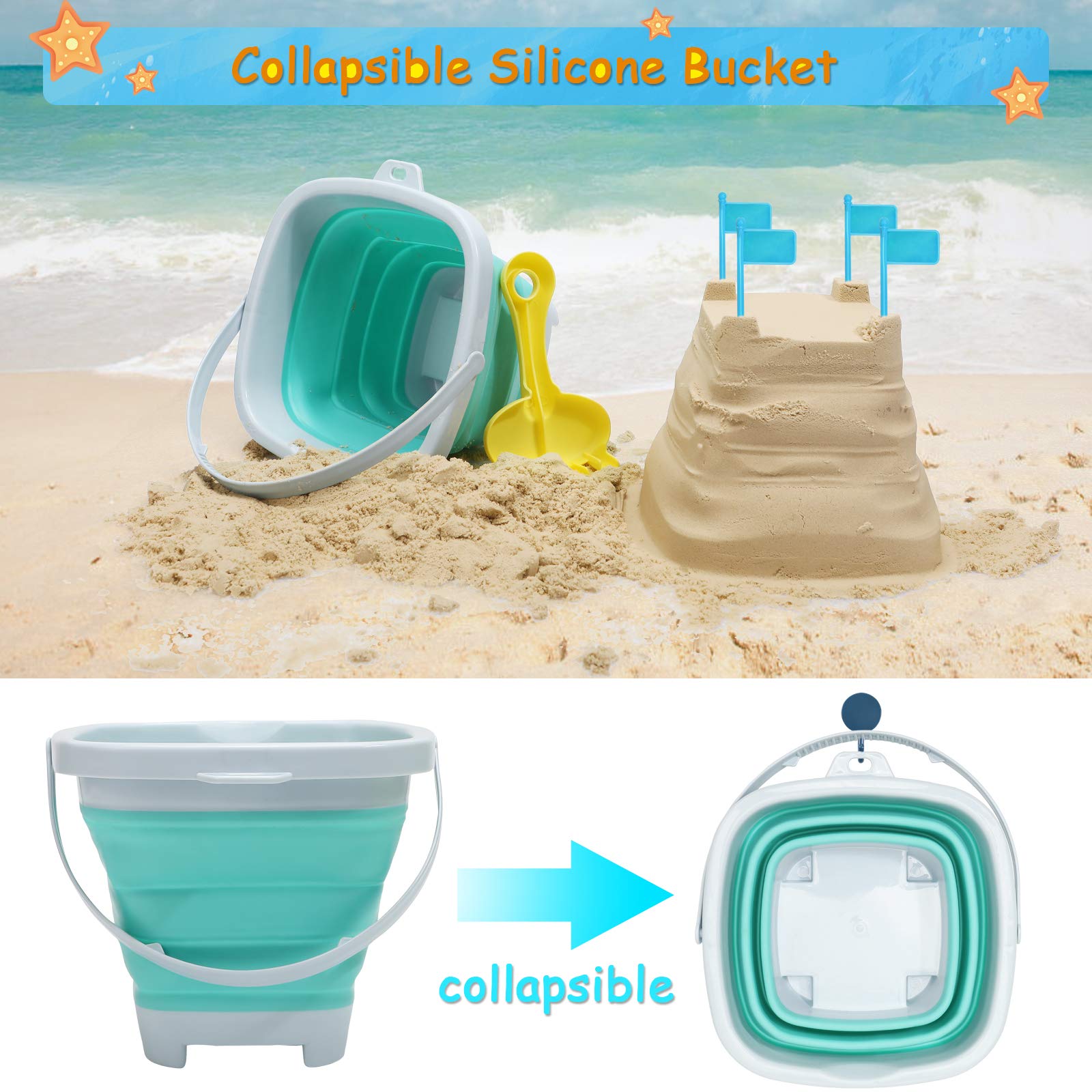 RACPNEL Beach Toys with Collapsible Bucket，Mesh Bag for Kids Ages 3-12