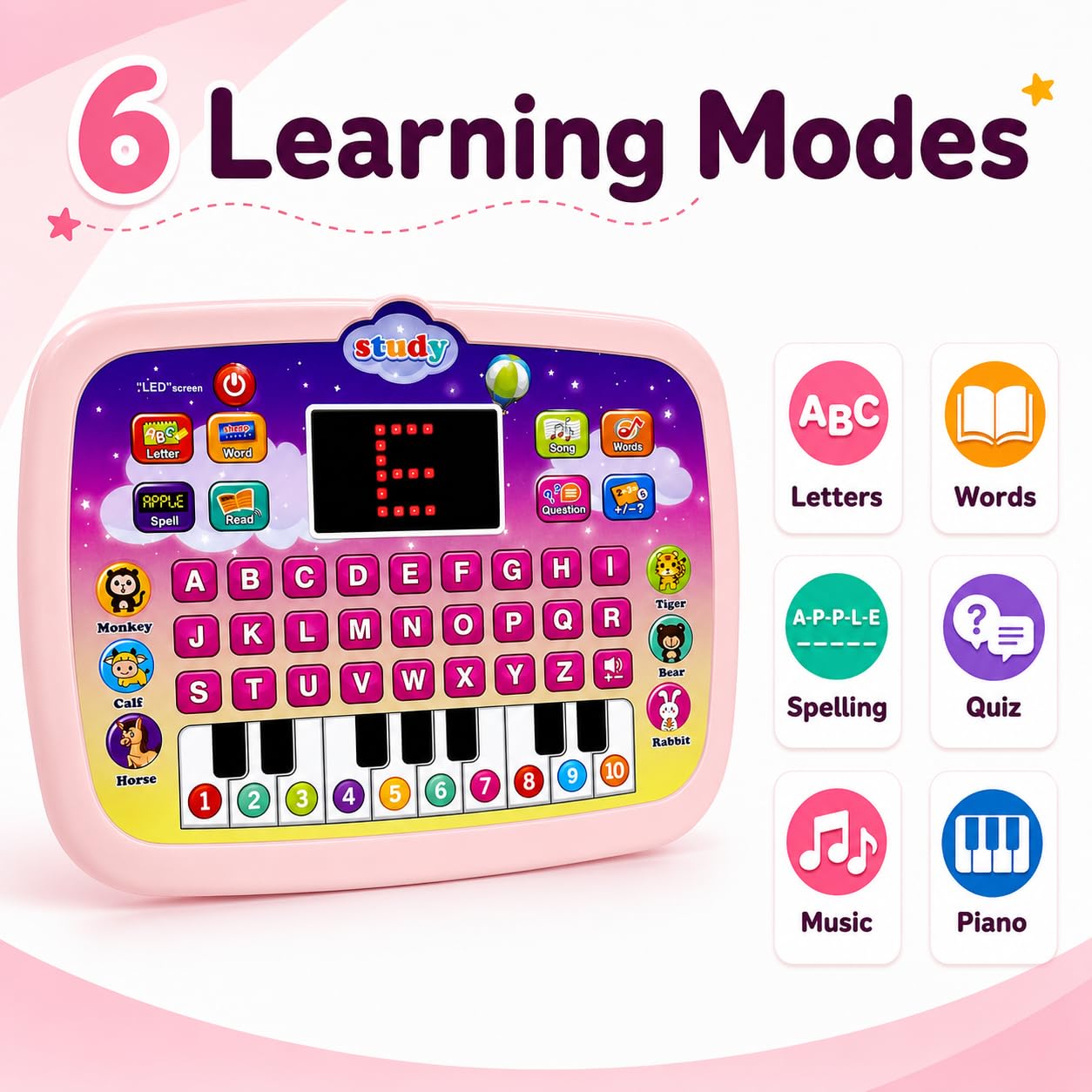 STOULKD Toddler Learning Tablet for 1 2 3 Year Old, ABC Spelling & Speech Learning Toy with Piano Keys, Music Educational Toy, Portable Travel Gift