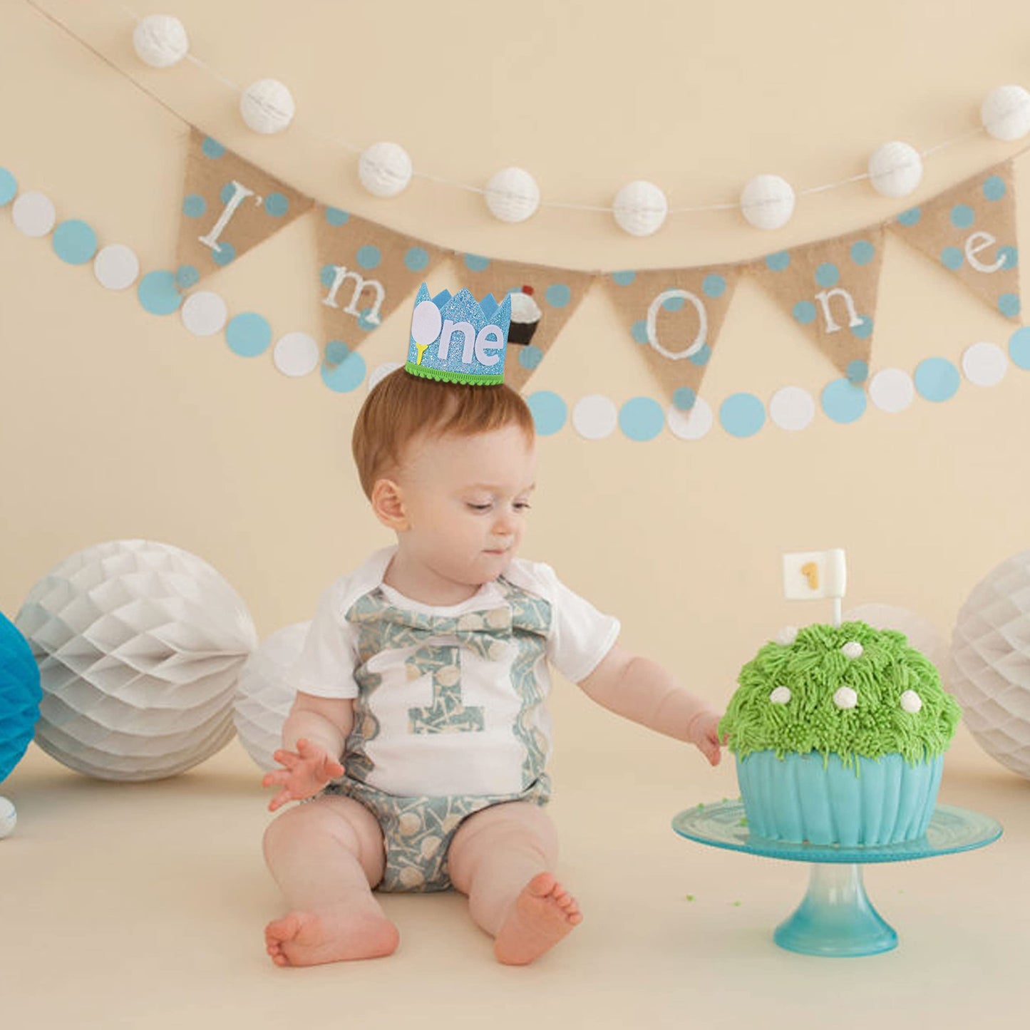 Boys Golf 1st Birthday Party Hat - Cake Smash Hat, Light Blue Stripes, Golf Cart Decal, Our Little All Star, Tee Time Pack