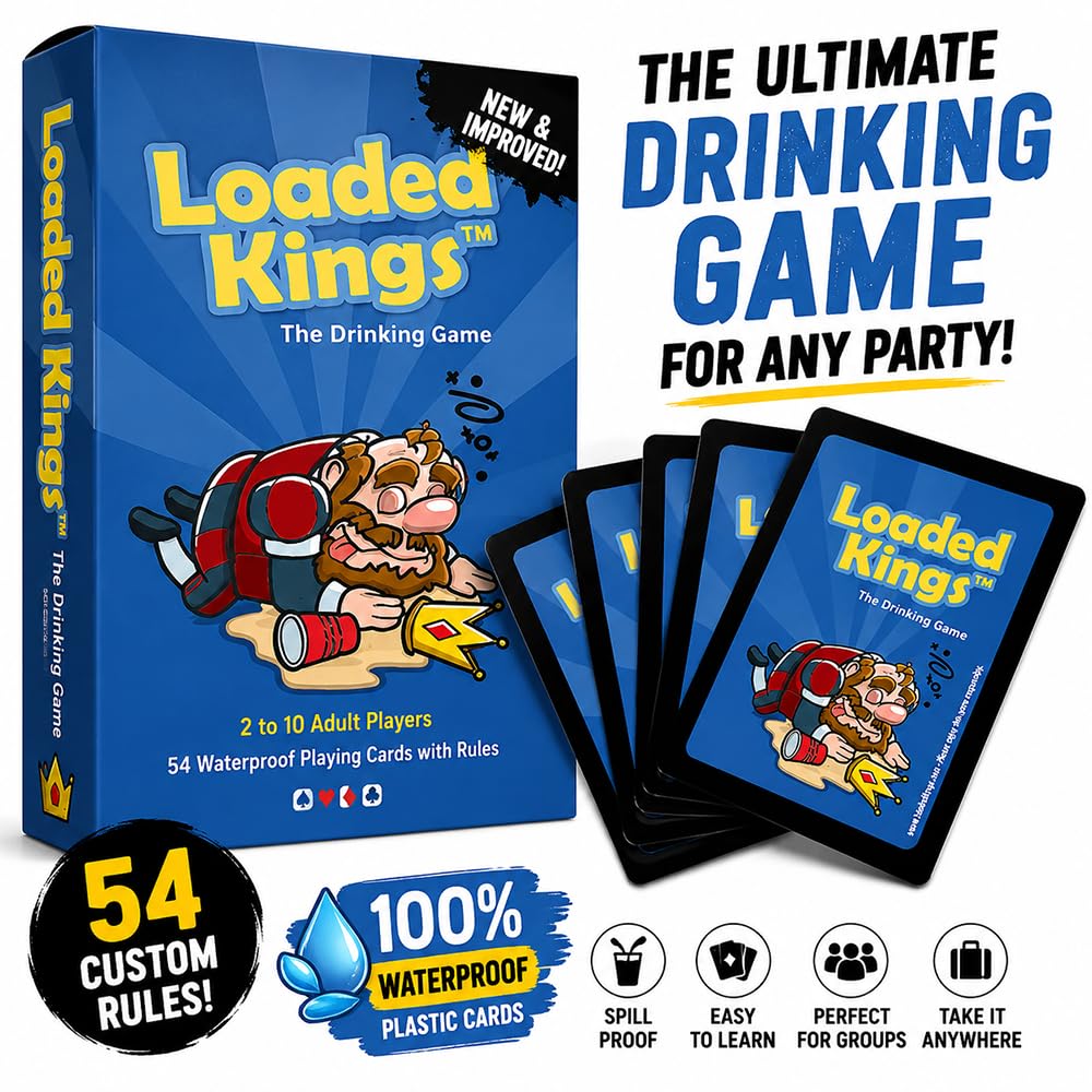 Loaded Kings Drinking Card Game for Adults - Waterproof Kings Cup Style Party Game with Custom Rules Cards - Fun College, Bachelor, Bachelorette