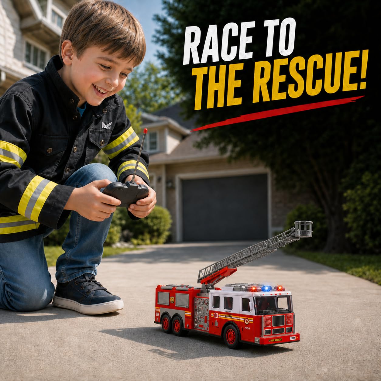 Liberty Imports RC Fire Truck - Big Remote Control Toy Fire Truck - 14" Rescue Fire Engine with Flashing Lights and Siren Sounds, Extendable Rescue