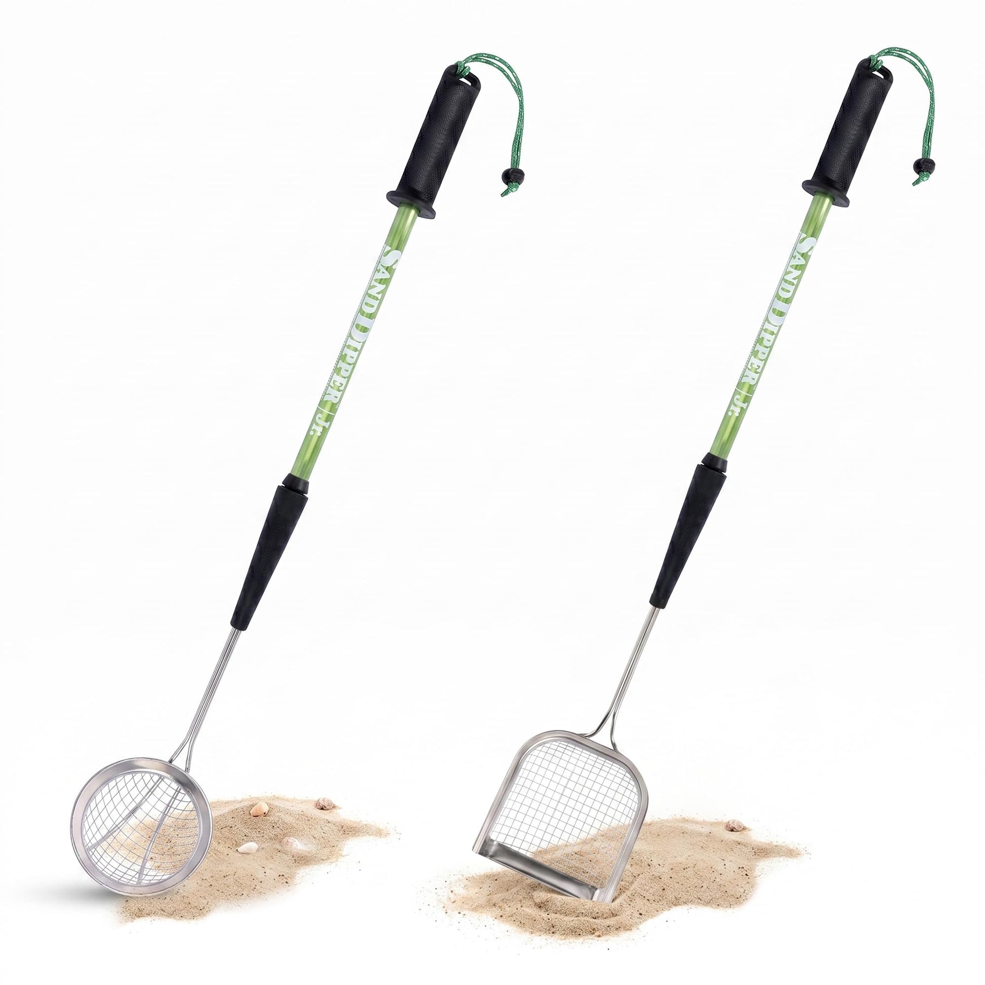 Sand Dipper Compact Beach Scoop for Shells, Sea Glass & Shark Teeth (Green, Round Basket)