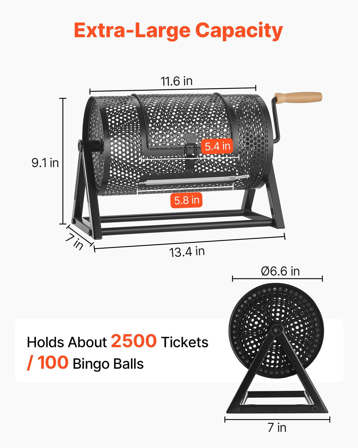 VEVOR Raffle Ticket Spinner, 11.6" x 6.6" Holds 2500 Tickets or 100 Ping Pong Balls, Raffle Drum Lottery Spinning Cage with Reinforced Handle, Stable