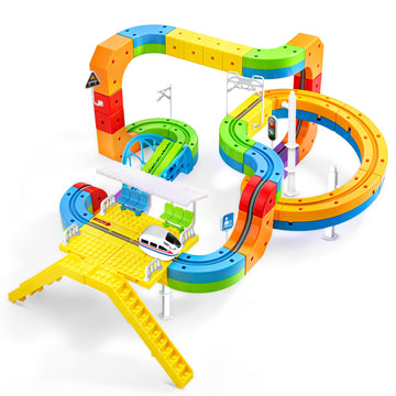 Infini Track Helixo Edition: 112 Pcs Electric Train Set with 3D Cube Tracks, Spiral Ramp & Gravity Seesaw, Creative STEM Building Block Train Toys